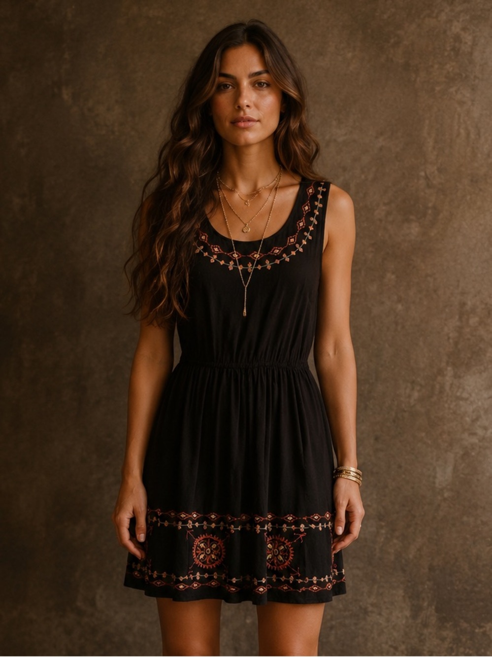 Wet Seal Black Embroidered Boho Festival V-Neck Mini Open Back Dress Y2K